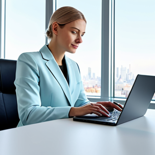 Home 6 정보처리 실무에서 경험한 네트워크 문제 해결 - ** A professional woman, fully clothed in a modest business suit, is sitting at a clean desk in a mo...