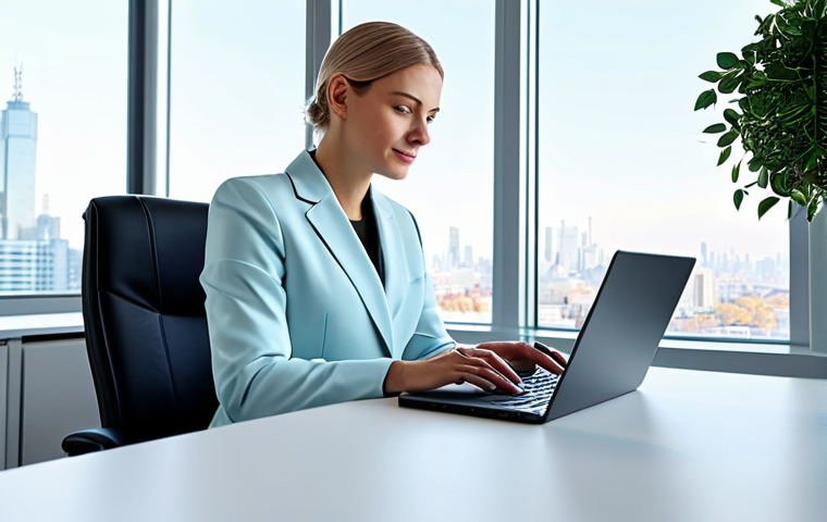 정보처리 실무에서 경험한 네트워크 문제 해결 - ** A professional woman, fully clothed in a modest business suit, is sitting at a clean desk in a mo...