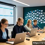 정보처리 필기와 실기의 학습 연결법 - A modern Dutch classroom scene focused on students engaging in a practical coding exercise on laptop...