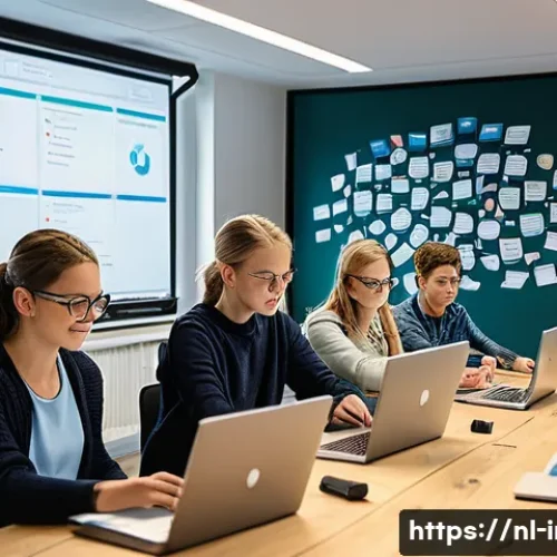 정보처리 필기와 실기의 학습 연결법 - A modern Dutch classroom scene focused on students engaging in a practical coding exercise on laptop...