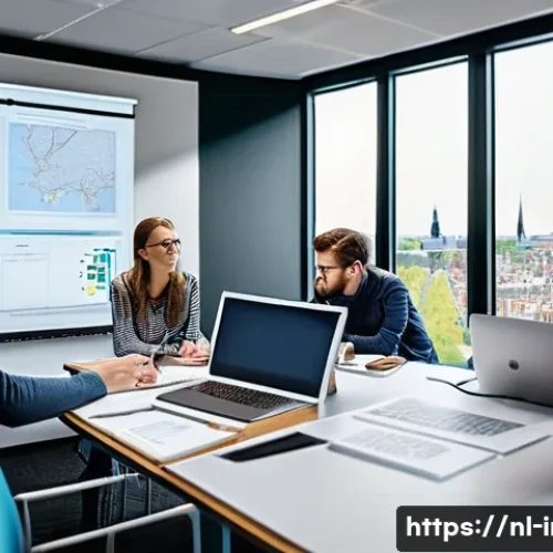 정보처리 실기 시험의 최신 트렌드 분석 - A modern Dutch IT exam setting showing a diverse group of young professionals working collaborativel...