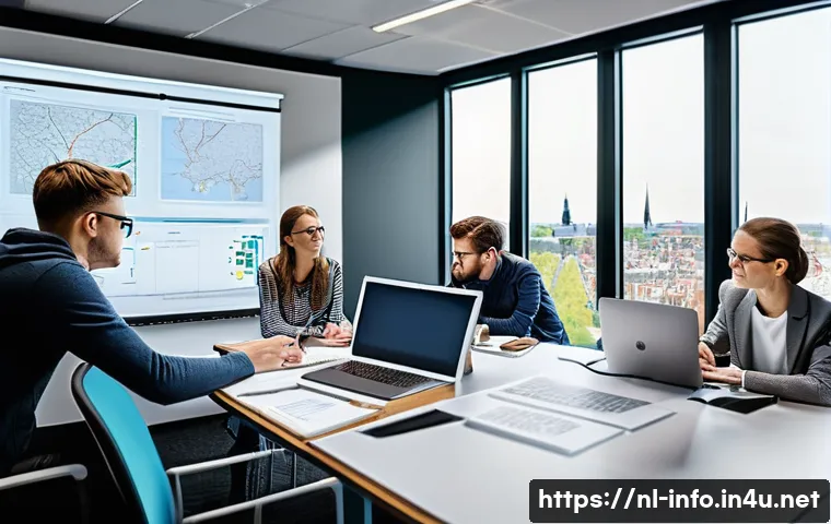 정보처리 실기 시험의 최신 트렌드 분석 - A modern Dutch IT exam setting showing a diverse group of young professionals working collaborativel...