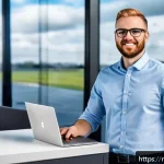 정보처리 자격증 취득 후 이직 성공 경험 - A professional Dutch IT specialist in a modern office setting, dressed in smart casual attire, confi...
