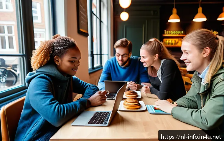 정보처리기사로 이직에 성공한 후기 - A study group of multicultural Dutch students sitting in a cozy café with typical Dutch pastries on ...