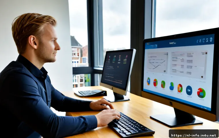 정보처리 실무에서 클라우드 기술 활용 사례 - Photorealistic modern Dutch office, an IT professional reviewing a cloud-based workflow on a large m...